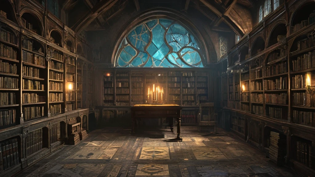 In the depths of a dark medieval castle, hidden away like a forgotten secret, lies a small, ancient library. The room is cramped, with low, arched ceilings and walls lined with shelves carved from dark, weathered wood. Each shelf groans under the weight of countless ancient tomes and scrolls, their leather-bound covers cracked and faded with age. Dust and cobwebs cling to every surface, undisturbed by time.
A single, flickering candle casts a dim, wavering light, causing shadows to dance across the room and making the spines of the books appear to shift and move. The scent of old parchment, leather, and a faint hint of mildew fills the air, adding to the atmosphere of age and mystery.
In the center of the room, a heavy, ornate wooden table is cluttered with ancient maps, mystical symbols, and alchemical diagrams. The floor is a mosaic of worn, uneven stone, and each step echoes softly in the confined space. A small, narrow window, barred and covered in grime, lets in a sliver of moonlight, adding a ghostly glow to the already eerie environment.
The small library feels both intimate and oppressive, a repository of forgotten knowledge and arcane secrets. The quiet is thick and heavy, broken only by the occasional rustle of pages as if the books themselves are whispering their ancient stories. This hidden sanctuary invites the brave and the curious to explore its depths, promising revelations to those who dare to uncover the mysteries preserved within its shadowy confines.