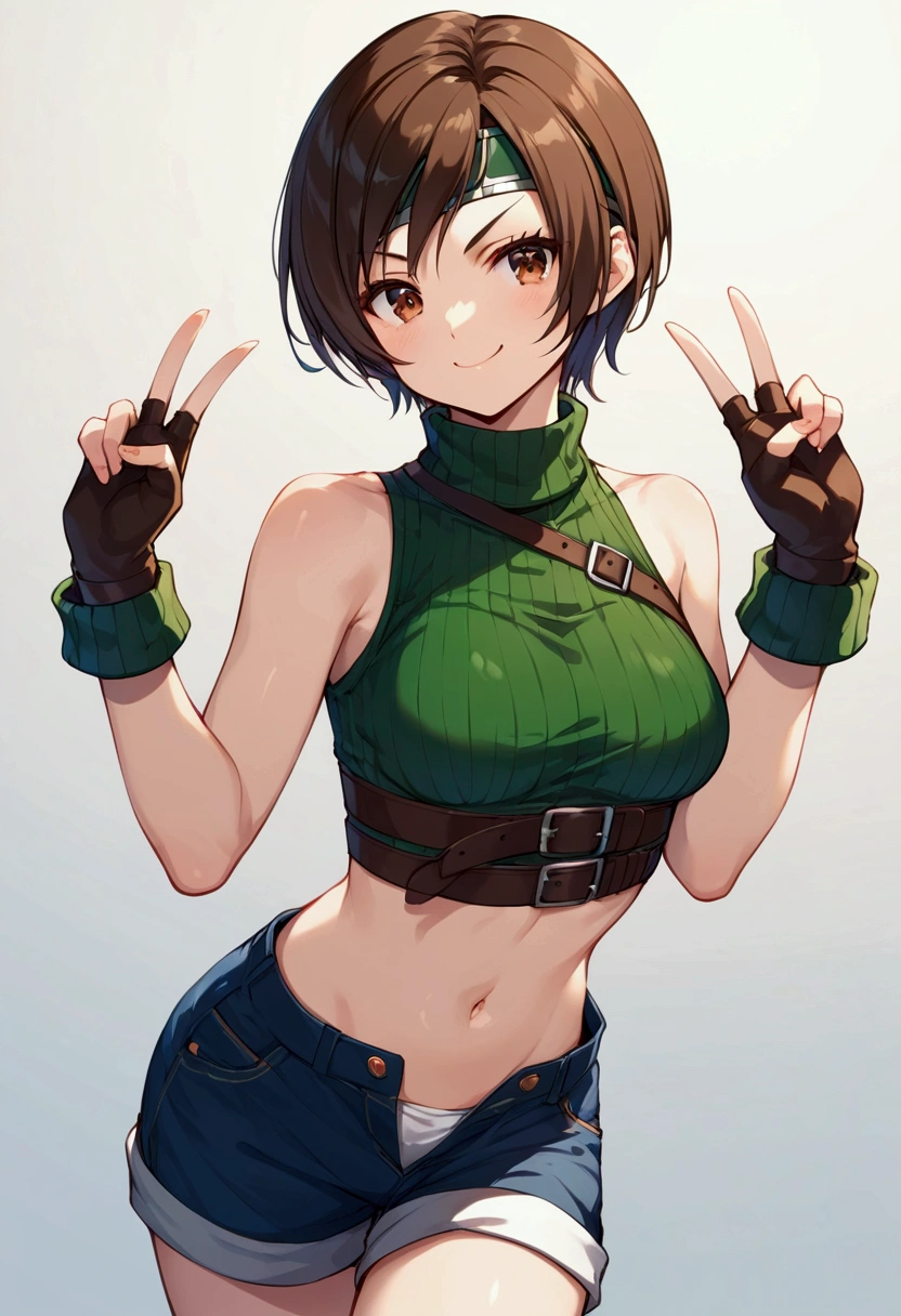 score_9, score_8_up, score_7_up,BREAK best quality,high quality,masterpiece,aesthetic,very aesthetic,　soro,1girl,yuffie kisaragi,, final fantasy,short hair,headband,navel,sleeveless,turtleneck
brown eyes,
sleeveless turtleneck,gloves,crop top,brown hair,shorts,midriff,sweater,open fly,fingerless gloves,ribbed sweater,looking at viewer,smug,v-shaped eyebrows,wide eyes,double v,open stance,