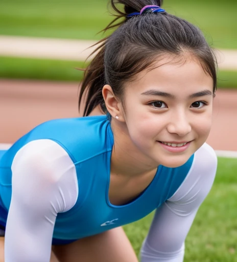 masterpiece, highest quality, High resolution, realistic girl, gymnast, wearing a long sleeve leotard, well-groomed little nose, sexly, at a gymnastics competition, Female Athletes, Slender, As a representative player, participate in a match, 1 beautiful girl, young and cute little face, lots of sweat, Clothes that are too close to the skin, small upturned nose, A very sexy and slender beauty, Too sexy woman, small nose, Wearing a white leotard, leotard with connected sleeves, beautiful thighsを見せている, Too cute small face, thin eyebrows, (((anatomically correct))), small nose girl, Recurve state, (((normal limbs))), Skin-tight leotard, (Show your side and smile), sweaty leotard, sweaty and wet, thin eyebrows, (Show me your armpits), (Hands behind your back), The nose is small and upward, ((beautiful thighs)), small upturned nose, Too beautiful small face, Raise your arms and show your sides, short hair, Girl with short hair, 15 year oldgirl, Physical beauty of athletes, the nose is small and pointed, No underwear, 1 Athlete girl performs attractively