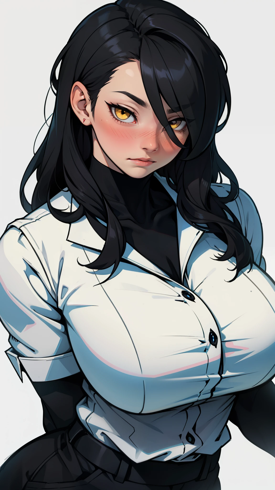 sad girl muscular muscular muscular breasts breasts breasts thick thick thick thick black hair yellow eyes pale skin pale skin thick thick thick long sleeve dark atmosphere thick thick thick thick thick thick muscular simple background sad sad sad sad tigth shirt