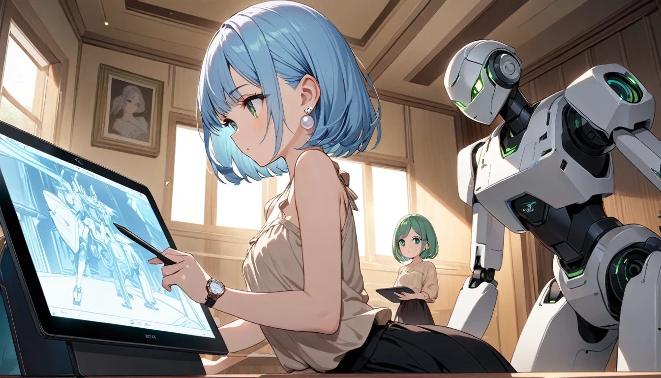 Highest quality、Light blue hair、Short Bob、Deep green eyes、Small breasts,25 years old,Inside the room、Beige summer blouse、Black long skirt、watch、Pearl Earrings、Next to her is an adult female robot、The robot is drawing on a tablet。She is staring at the robot。