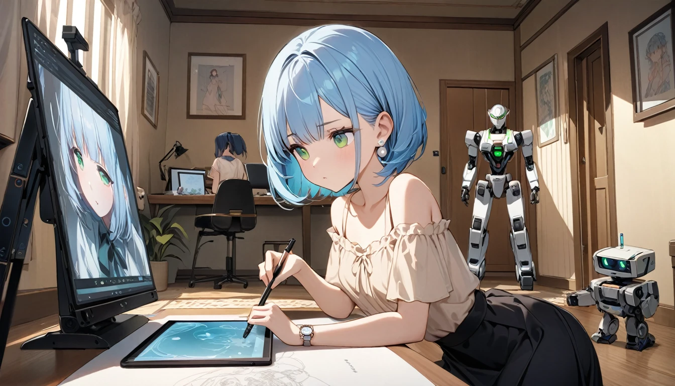 Highest quality、Light blue hair、Short Bob、Deep green eyes、Small breasts,25 years old,Inside the room、Beige summer blouse、Black long skirt、Pearl Earrings、An adult female robot with dark blue hair、A female robot is drawing on a tablet。She is staring at a female robot。