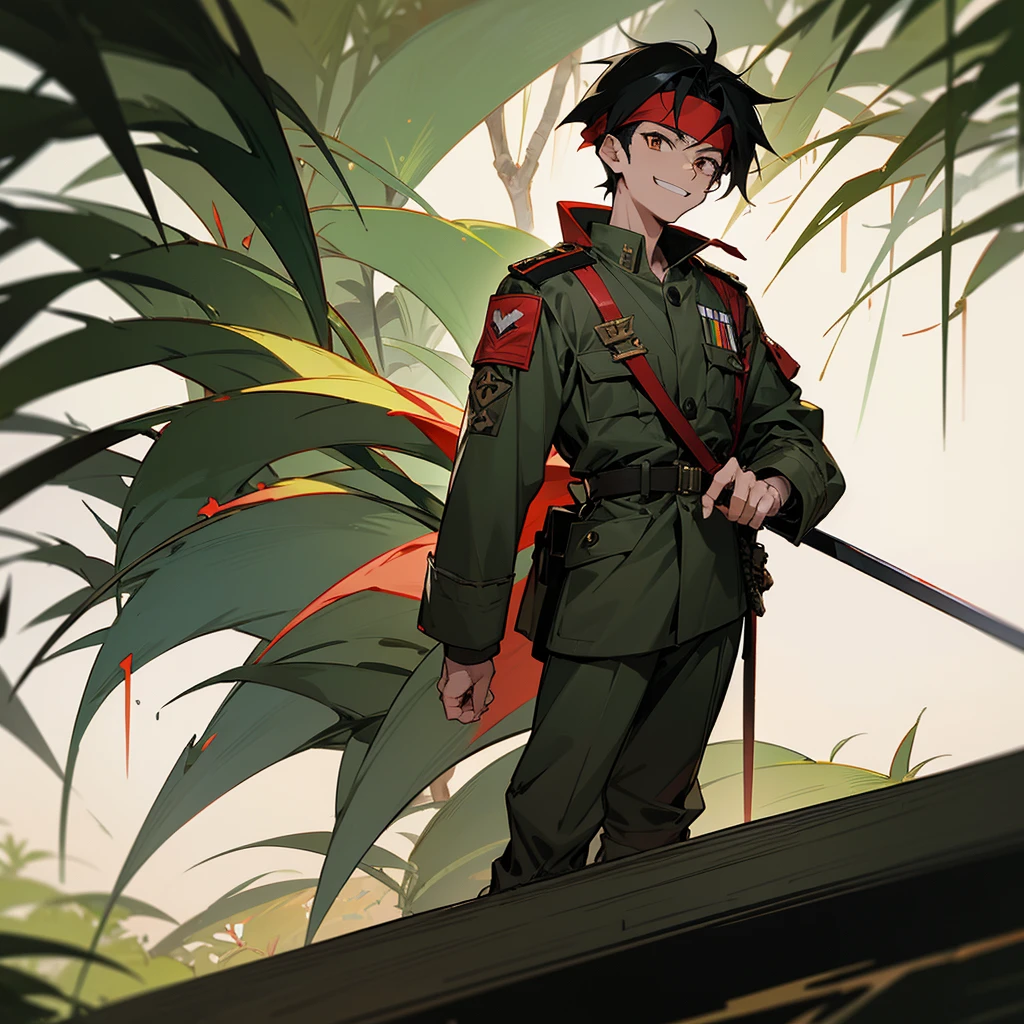 Male, 1 male, military clothes, military, military boots, black boots, cammo, military uniform, jungle camouflage, red headband, black hair, anime style, buster sword, smirking, confident, smug, shit eating grin, masculine, young adult, tall, broad shoulders, standing strainght, completly turned to front.