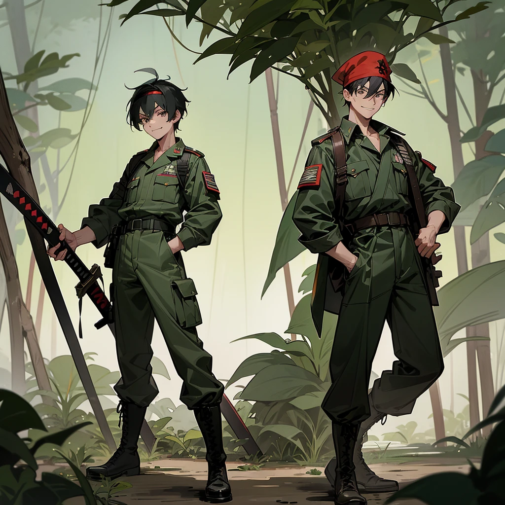 Male, 1 male, military clothes, military, military boots, black boots, cammo, military uniform, jungle camouflage, red headband, black hair, anime style, buster sword, big sword, smirking, confident, smug, shit eating grin, masculine, young adult, tall, broad shoulders, standing strainght, completly turned to front.