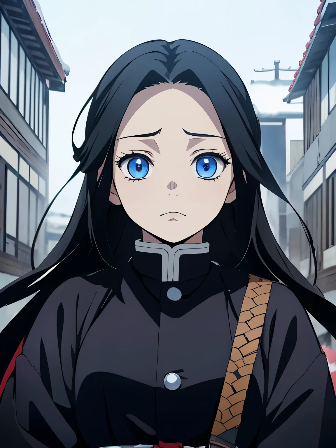 Kimetsu no yaiba style, 1girl, 10 years old girl, blue eyes, beautiful girl, black long straight hair, pillar demon slayer, 1 japanese sword, only wearing a demon slayer uniform, dark and snowy background, sad face