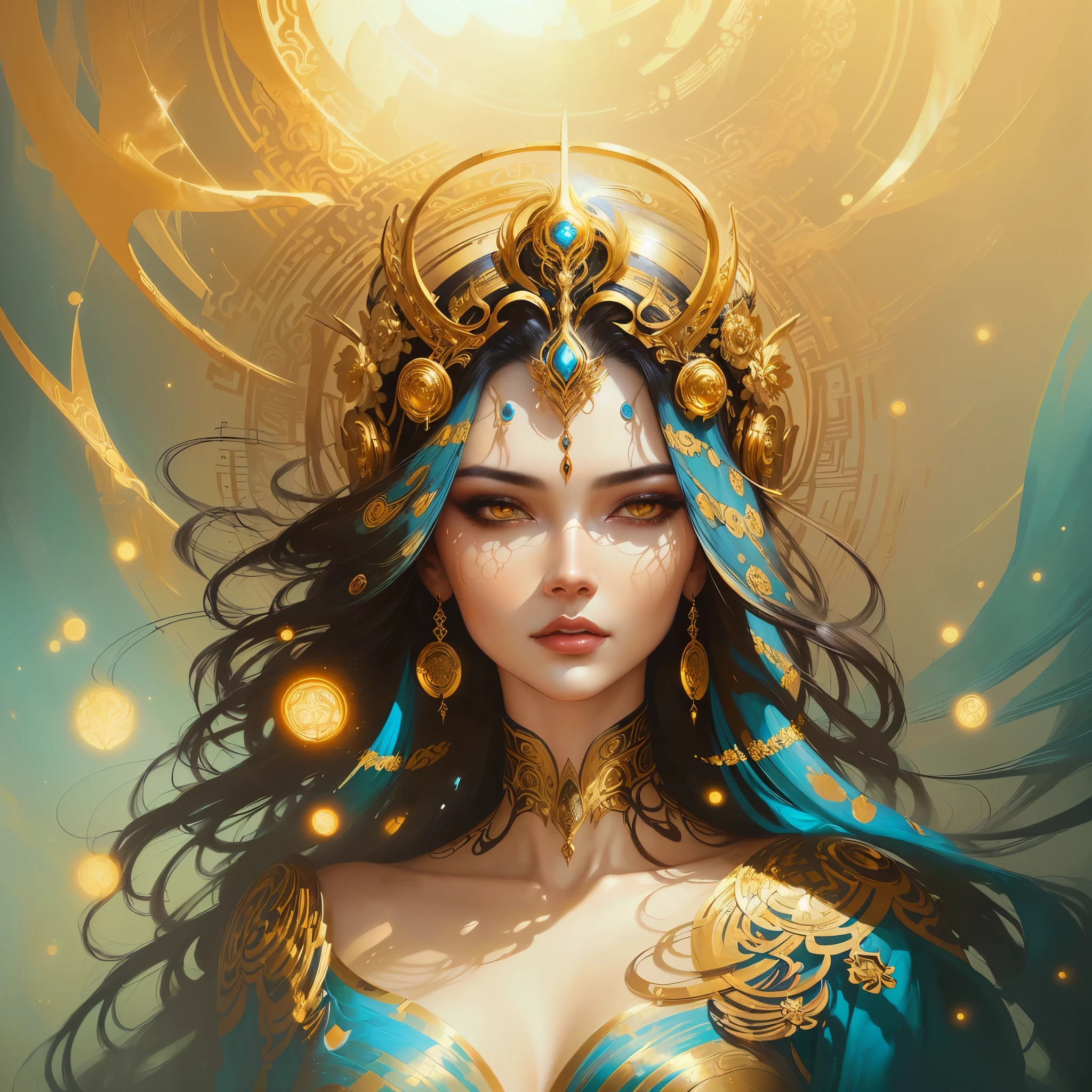 a painting of a woman with golden circles and a blue background, beautiful gorgeous digital art, karol bak uhd, gorgeous digital art, dreamy art, beautiful digital art, exquisite digital illustration, a beautiful artwork illustration, style of karol bak, expressive beautiful painting, beautiful digital artwork, intricate oil painting artwork, by Karol Bak, hauntingly beautiful art