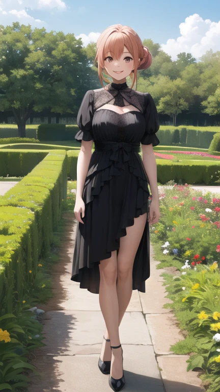 masterpiece, best quality, highres, gahamama, single hair bun, breasts, gothic, black dress, garden, standing, smile,