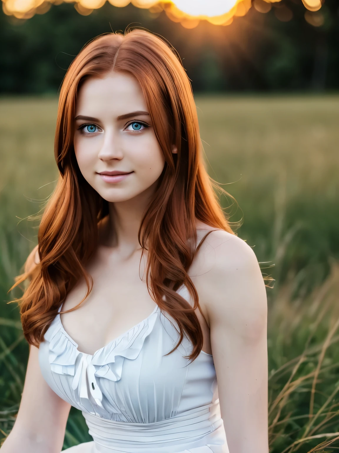 (Masterpiece, Hyperrealistic, 8k, HDR, RAW), ((Natural illumination)), dark illumination, natural tones, epic illumination, high contrast, ((Pretty girl)), British girl, cute girl, ((Pale skin)), 18 years old, ((Long auburn hair)), ((Blue eyes)), ((Tight white dress)), ((Sitting on a stonewall)), ((Slim body)), ((Narrow waist)), ((Wide hips)), ((Sunset)), ((Big smile)), cute face, young face, blush, big eyes, ((perfect anatomy))