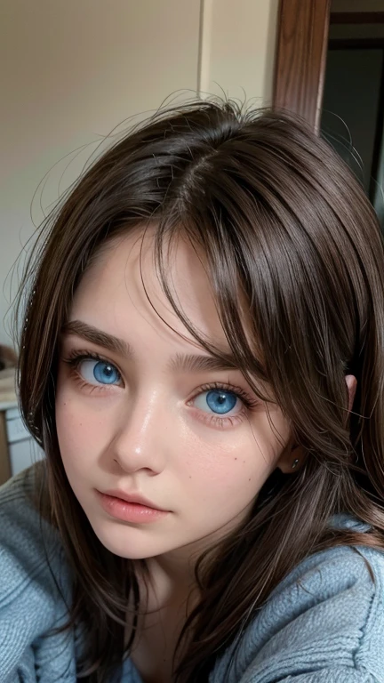 19-year-old brunette woman, blue eyes and a mole under her eye