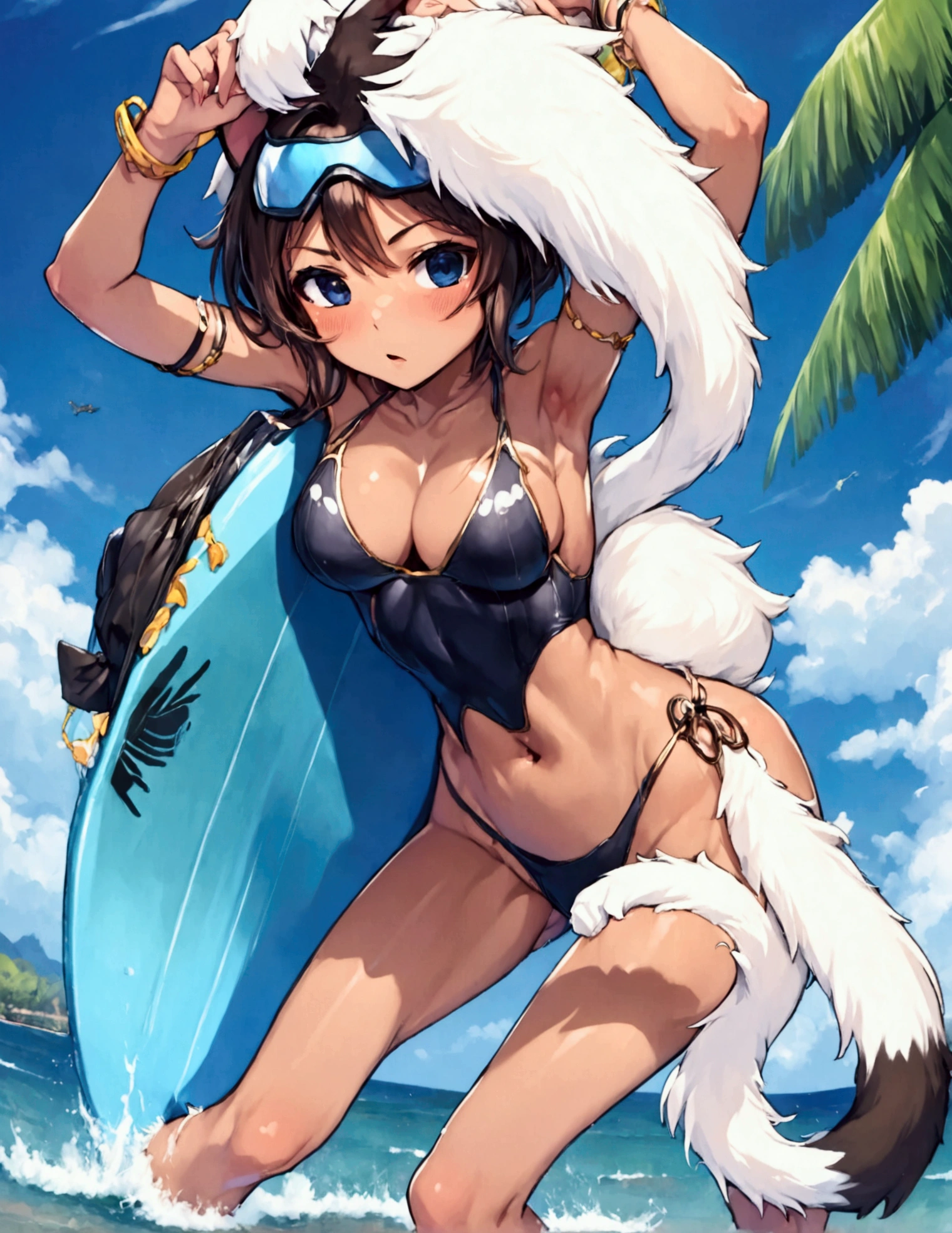 (cute woman, age 20, is an adorable sexy cat woman, big eyes, cute swimsuit, fluffy tail), she is surfing on small waves, super cute, so excited, show her from head to toe, hawaii
