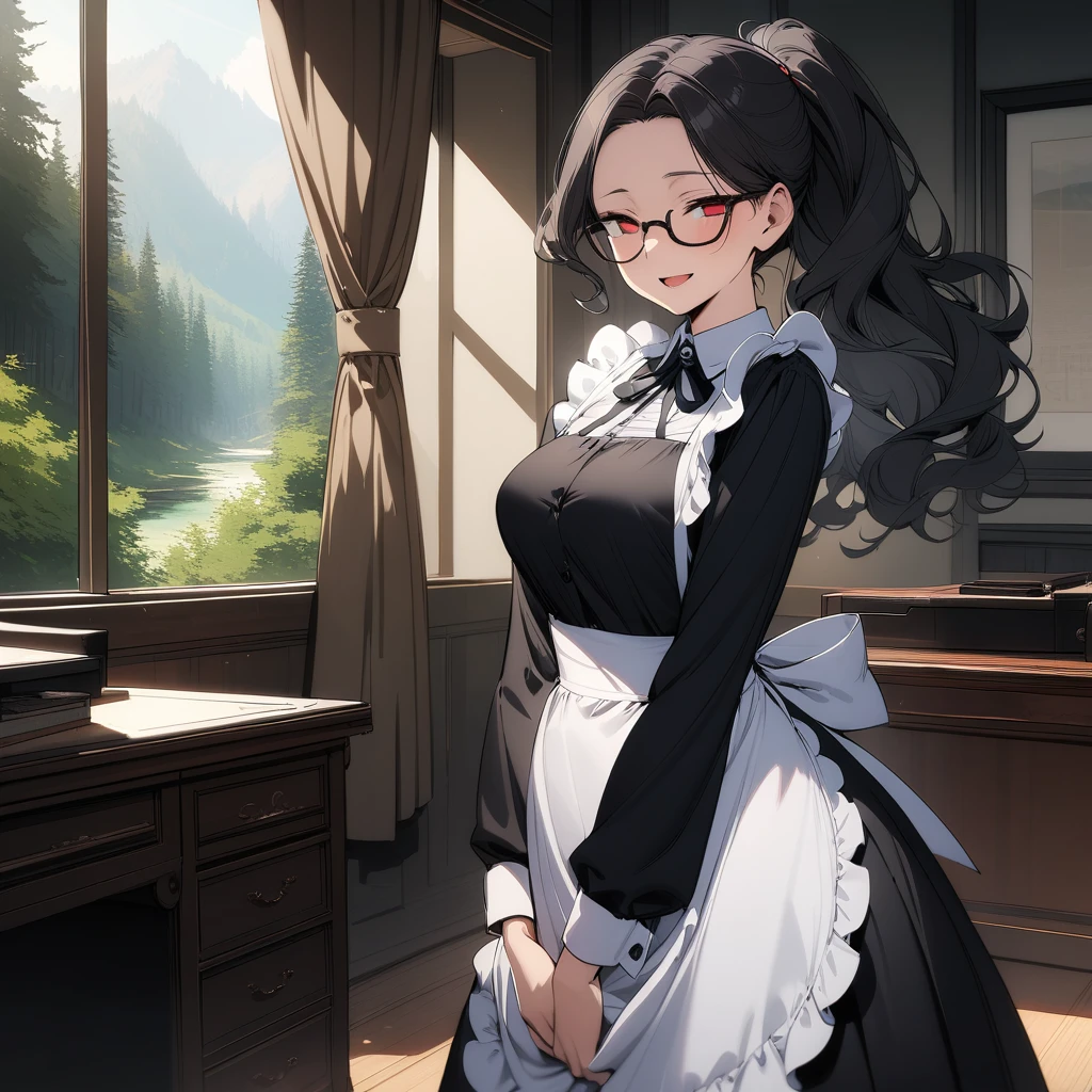 (masterpiece),(best quality),very aesthetic,(ultra-detailed),high saturation,1woman,forties woman,40yo,slender,long hair,black hair,wavy hair,ponytail,red eyes,half closed eyes,open mouth,(under-rim glasses),calming,light smile,fusion of black maid clothes and secretary clothes,styligh clothes,maid apron,long maid skirt,long sleeves,Sturdy shoes,standing,arms behind legs,arched back,Western-style office,forest landscape,Lace curtains flutter in the wind,Old furnishings,daytime,looking at viewer,cowboy shot
