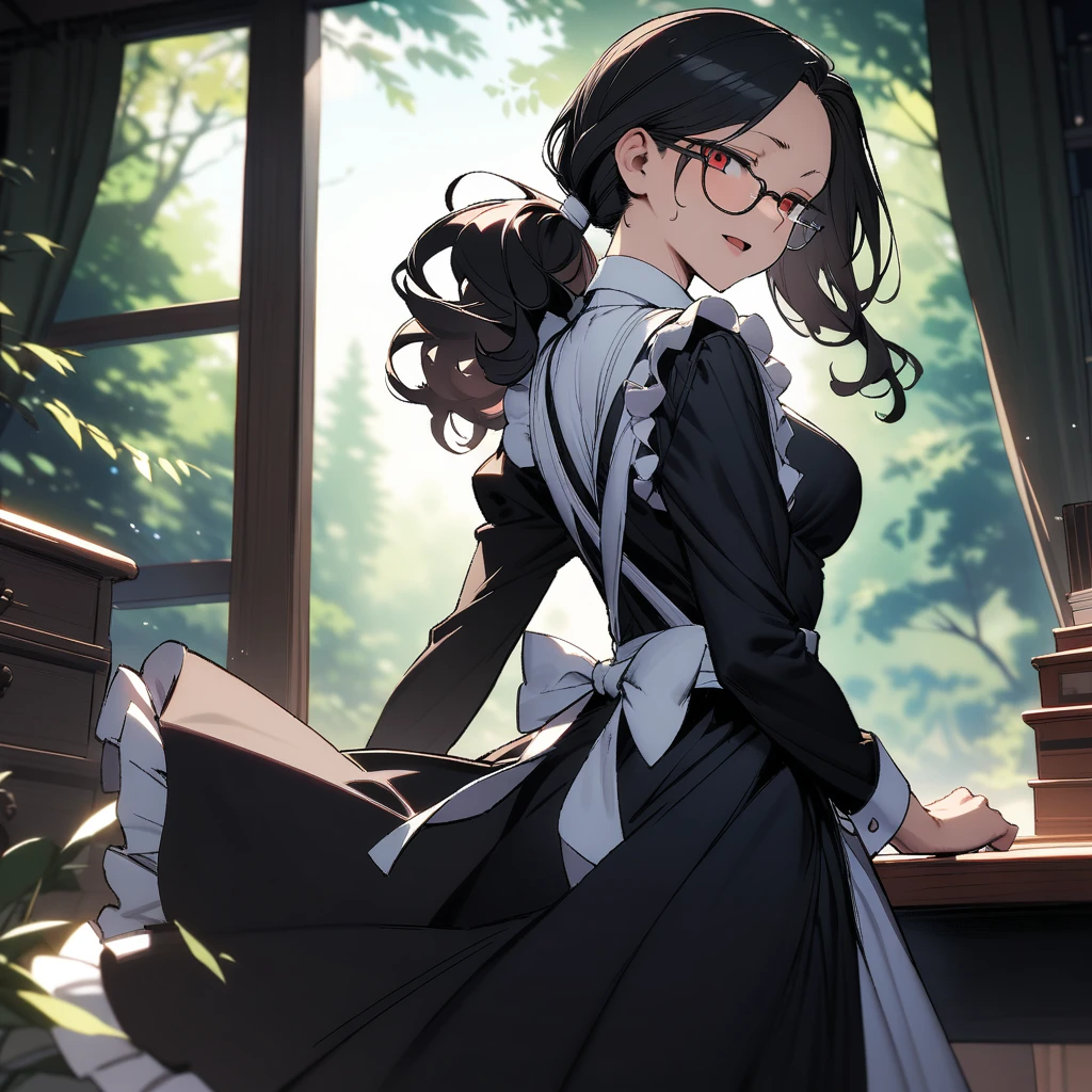 (masterpiece),(best quality),very aesthetic,(ultra-detailed),high saturation,1woman,forties woman,40yo,slender,long hair,black hair,wavy hair,ponytail,red eyes,half closed eyes,open mouth,(under-rim glasses),calming,light smile,fusion of black maid clothes and secretary clothes,styligh clothes,maid apron,long maid skirt,long sleeves,Sturdy shoes,standing,arms behind legs,arched back,Western-style office,forest landscape,Lace curtains flutter in the wind,Old furnishings,daytime,looking at viewer,cowboy shot