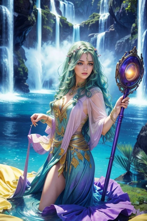 a mystical maiden with long emerald wavy hair, green eyes, wearing a violet dress, standing in front of a cascading waterfall, crystalline cliffs, water vapor, cloudy sky, (best quality,4k,8k,highres,masterpiece:1.2),ultra-detailed,(realistic,photorealistic,photo-realistic:1.37),detailed portrait,detailed face,extremely detailed eyes and face,longeyelashes,detailed dress,detailed background,cinematic lighting,fantasy,atmospheric,vibrant colors