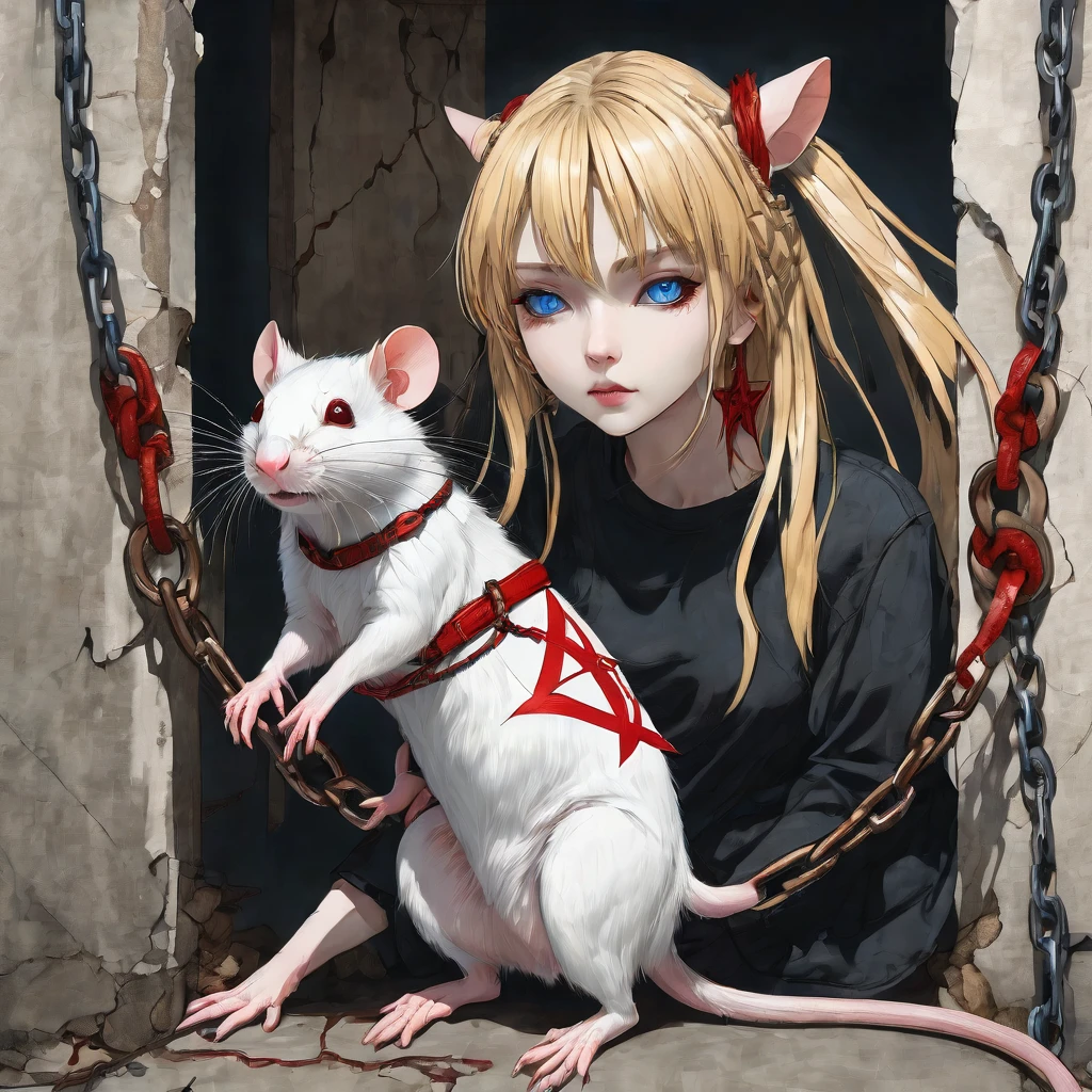 a sexy female rat with blonde hair and blue eyes, wearing a torn white tee-shirt, with a red pentagram logo on the front, is restrained to a wall, with chains, that are cuffed around its paws.