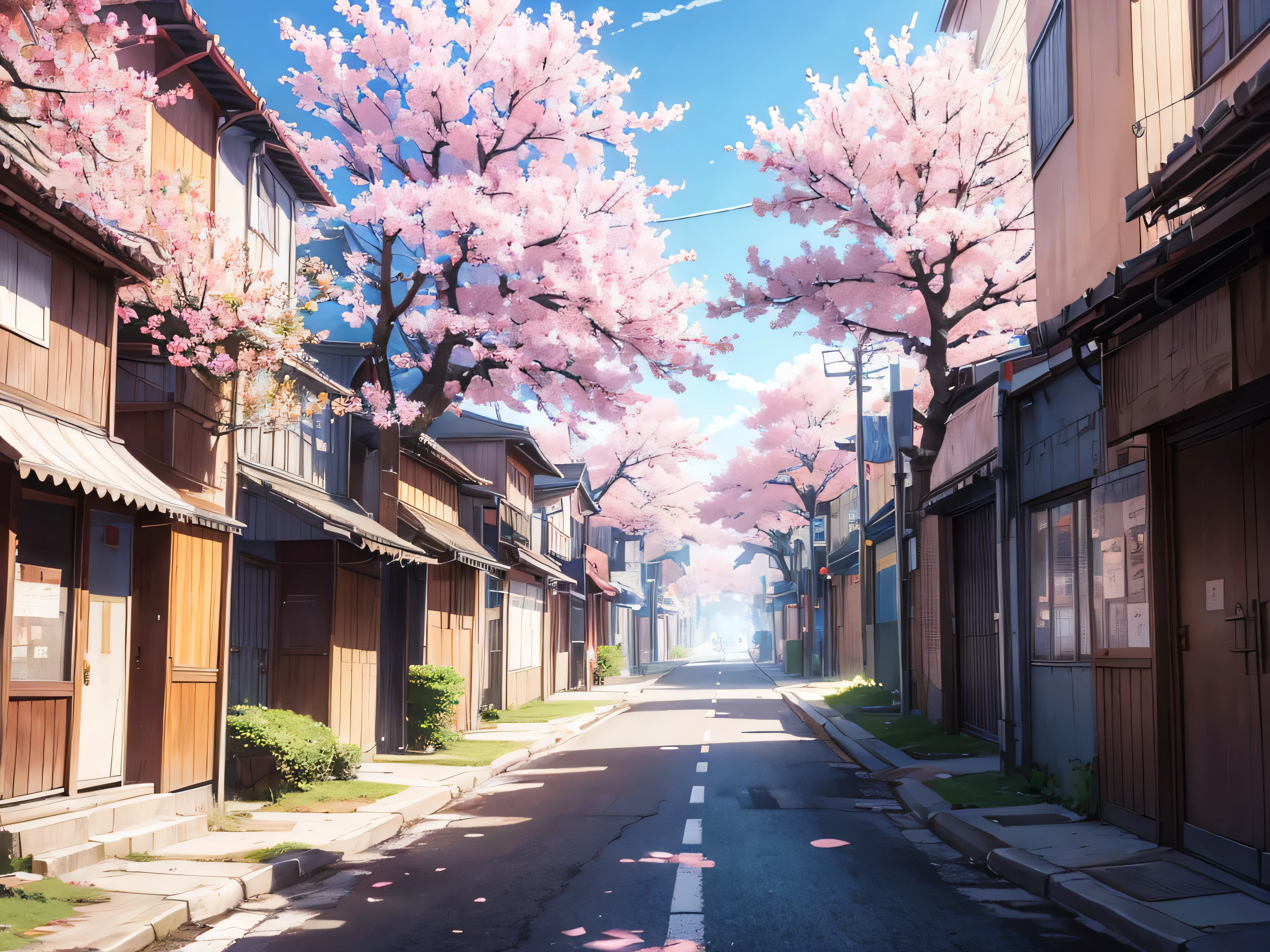 anime background of a city street, with cherry blossom trees, no people, empty background, masterpiece, anime style, anime scenery