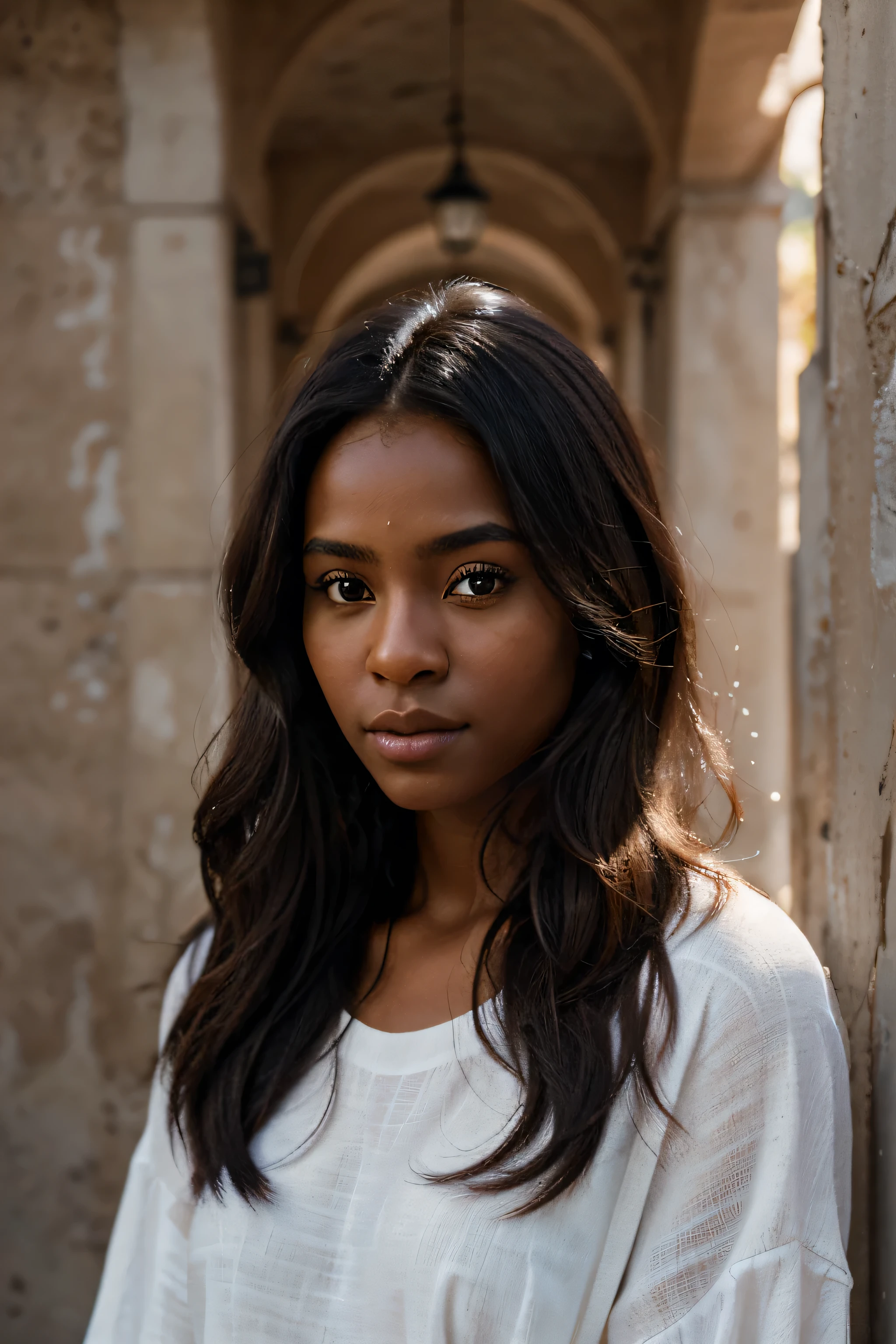 Hello, give me an ultra-realistic photo of a girl with approximately dark skin, with clear eyes, curly hair, and a beautiful outfit observing mountain landscapes,