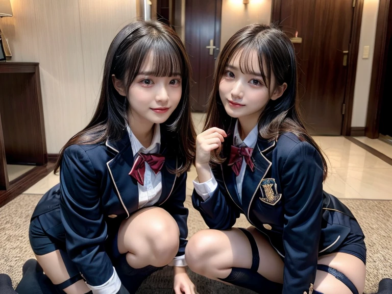 (8k, RAW Photos, Highest quality, masterpiece:1.2), masterpiece, Highest quality, figure, Very detailed, The finer details, High resolution, 8k,wallpaper, Perfect dynamic composition,(Detailed high quality, Realistic depiction of eyes:1.3), ((2 girls, 2 high school girls)), The background is a room in a luxury hotel、 uniform、blazer 、Super Short Check Uniform Skirt、Navy blue knee-high socks、garter belt、huge 、Disheveled uniform, Play with each other,Touching each other's bodies,Touching the body of the girl next door, Short Bob Hair, Black hair color, hugeな胸, Big Natural Color Lip, Bold sexy pose, (Perfect figure), Crying a little、Cold Stare, Beautiful Makeup,Glitter makeup,The cutest 18 year old, Beautiful feet, Gravure idol pose, Voluptuous thighs