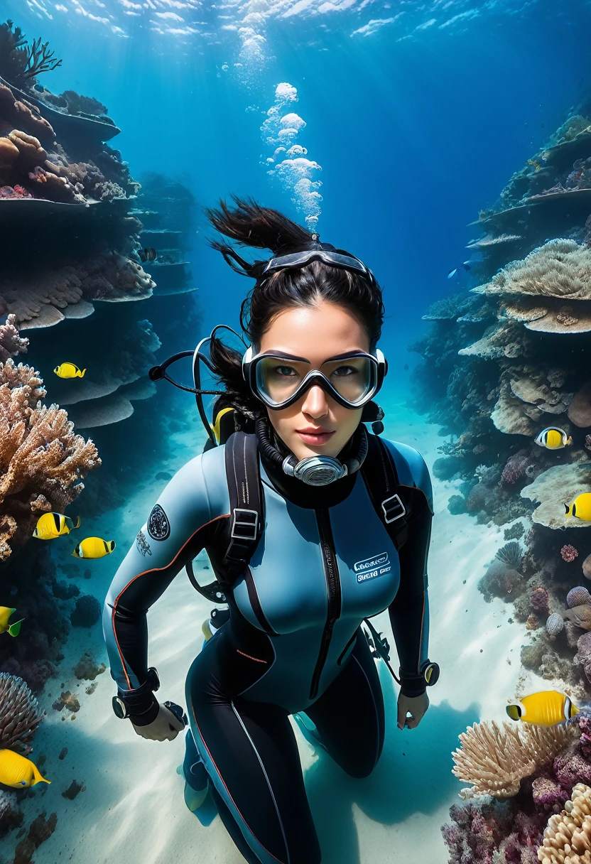 ((full body shot))During the diving course，There is a Christina Chong beautiful face, narrowed eyes. smirk. black braided hair wearing a diving suit and goggles,Wear a diving helmet, Instagram, A diver on the seabed, A diver on the seabed, old scuba, GoPro shooting, Abandoned diving mask, Underwater perspective, 3 6 0 capture, amanda clarke, Underwater shooting,
