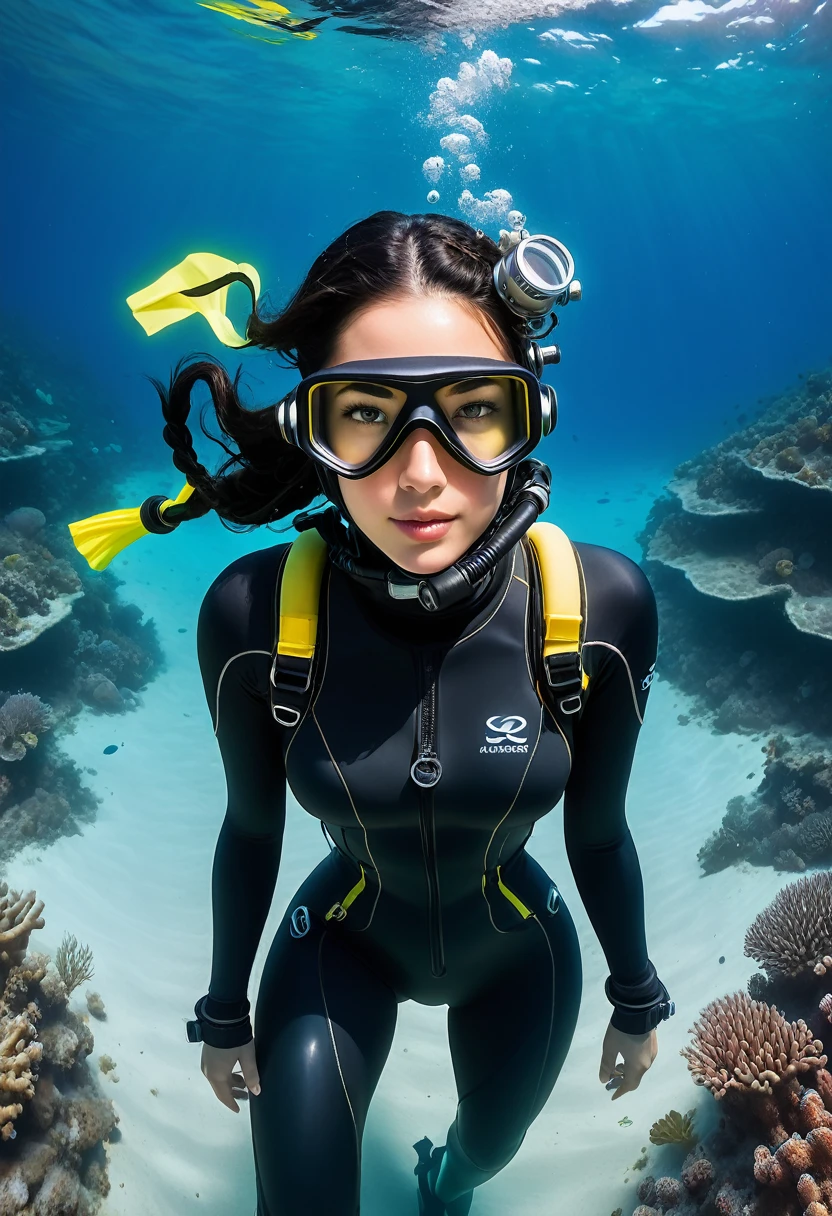 ((full body shot))During the diving course，There is a Christina Chong beautiful face, narrowed eyes. smirk. black braided hair wearing a diving suit and goggles,Wear a diving helmet, Instagram, A diver on the seabed, A diver on the seabed, old scuba, GoPro shooting, Abandoned diving mask, Underwater perspective, 3 6 0 capture, amanda clarke, Underwater shooting,
