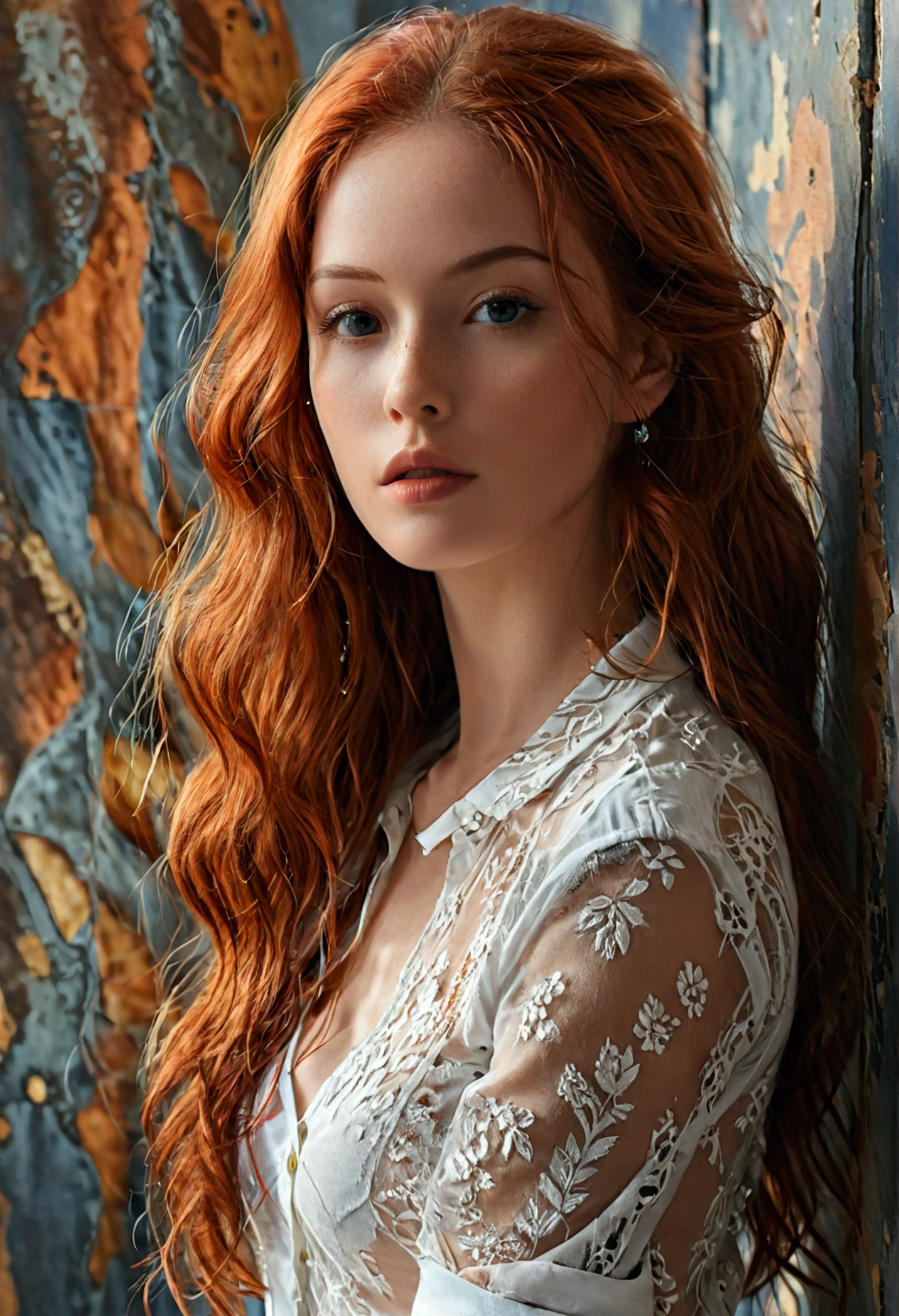 (full body shot:1.7) photorealistic image of a (standing pose:1.3) woman, ultra realistic, photography, long red hair, girl, 24 years old, hourglass figure, perfect body, natural medium breasts, t shirt jeans, woman, relaxed, clear skin, high cheekbones, tight shirt, bumps, braless, perky, realistic, detailed skin, realistic eyes, white shirt, tight, sheer,