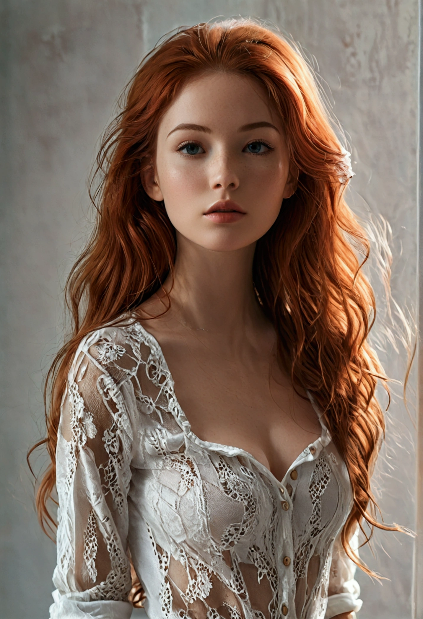 (full body shot:1.7) photorealistic image of a (standing pose:1.3) woman, ultra realistic, photography, long red hair, girl, 24 years old, hourglass figure, perfect body, natural medium breasts,  t shirt jeans,  woman, relaxed, clear skin, high cheekbones, tight shirt, bumps, braless, perky, realistic, detailed skin, realistic eyes,  white shirt, tight, sheer, 