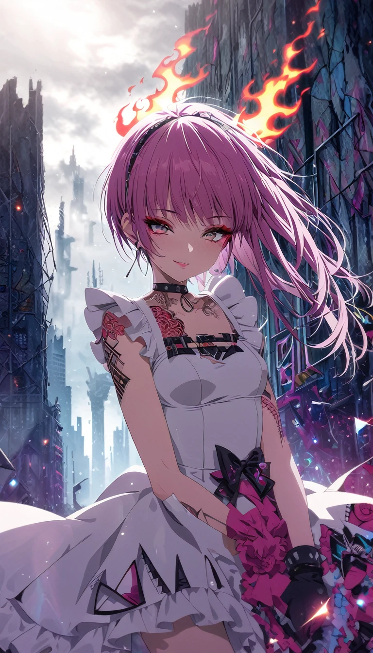 seamless image fusion, cute woman, amorous and lewd face, make-up, wearing cute fluffy dress suits, choker, covered in tattoos, great proportion, background stone-punk, fire-punk, water-punk, triangular kaleidoscope ruins cityscape, analyzers, labs, shading effects, gradation magic effects, foggy filter effects, glitter effects, (ultra detailed, absolutely resolution, best quality:1.3), 2.5D, delicate and dynamic, artistic photography, hyper realistic, graphic CG digital art
