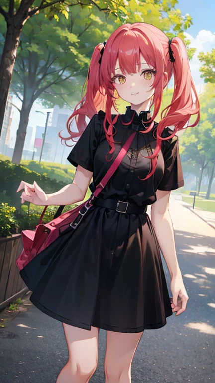 girl, small breasts, red hair, pink bangs, twintails hairrstyle, girl, wearing black shirt, wearing neck lace, silver neck lace, jeans short, , smiling, looking at viewer, yellow eyes, in a park, threes behind, 4k, masterpiece, 8k, fullbody in art, 
