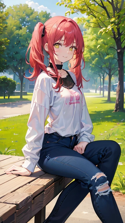 girl, small breasts, red hair, pink bangs, twintails hairrstyle, girl, wearing black shirt, wearing neck lace, silver neck lace, jeans short, , smiling, looking at viewer, yellow eyes, in a park, threes behind, 4k, masterpiece, 8k, fullbody in art, 
