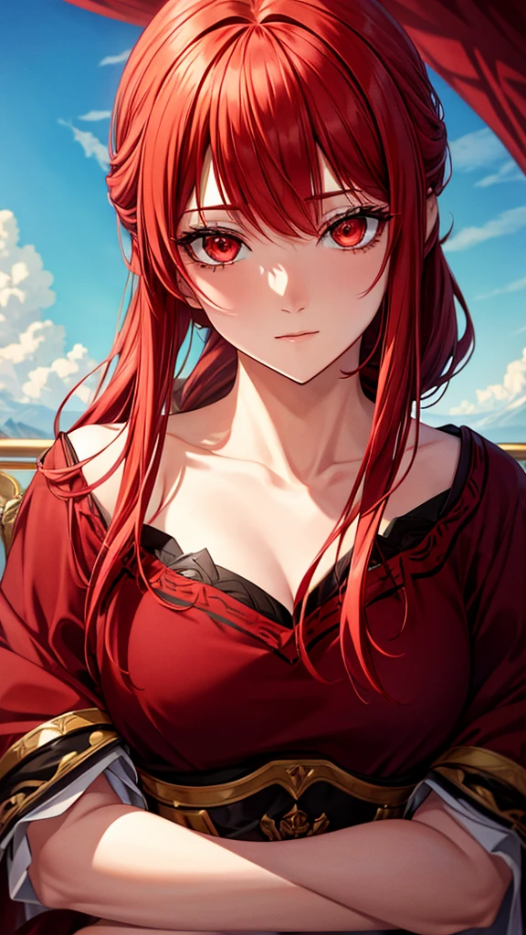 noble lady, red hair, red eyes, expressionless, looking to the side, high quality, 4k, royal background, royal atmosphere, anime style
