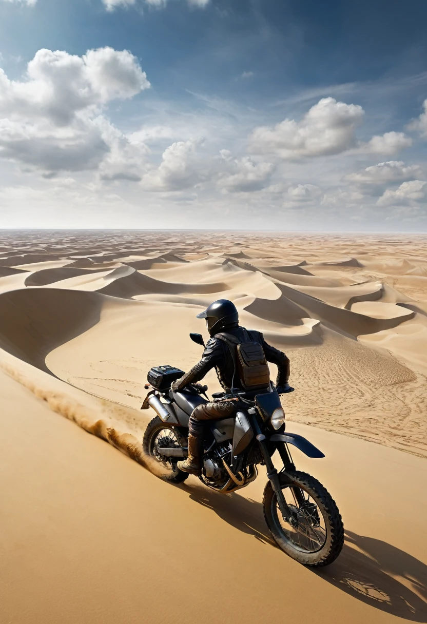 4k quality, ultra-high definition and realistic, the world of the sand planet "Dune". A large river is brown and murky with sand. A young man is riding his motorcycle along the winding sandy road that runs alongside the river. He drives his motorcycle at full speed toward the upstream of the river. Dust rises behind the motorcycle. The sky is dim and cloudy, and the shadows are deep. The young man is wearing black leather pants and off-road boots. The camera provides a bird's-eye view of the whole scene from above. He is in a hurry about something.