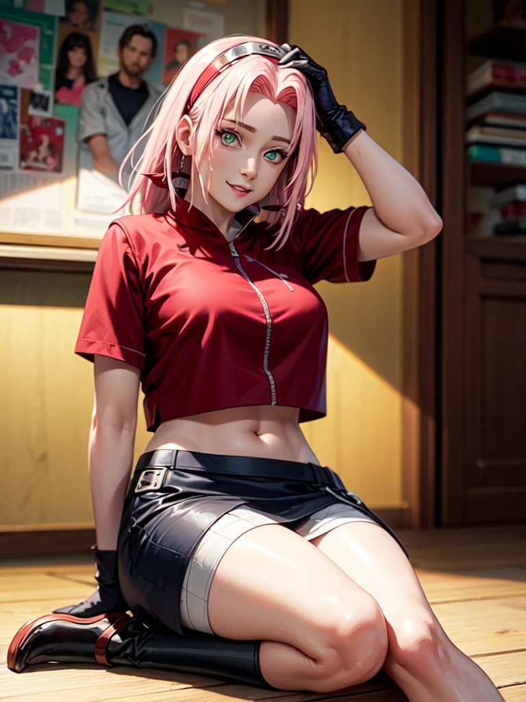 sakura shippuden, Red Jacket, bandaged leg, skirt, shoes without toes, 검은 속skirt, sleeveless, forehead, green eyes, Forehead guard, black gloves, Perfect, masterpiece, (best quality, mackerel:1.2), 1 woman, beautiful and delicate eyes, beautiful and delicate lips, Highly detailed eyes and face, long eyelashes, middle:oil painting, vivid colors, HDR, studio lighting, Ultra-fine painting, sharp focus, Physically Based Rendering, extreme detail description, portrait, ((organized fingers)), attractive body, big bust, Perfect 모양, facing the viewer, laborious, very cool, sitting astride, smiling, (Put your arms behind your head.:1.2), navel