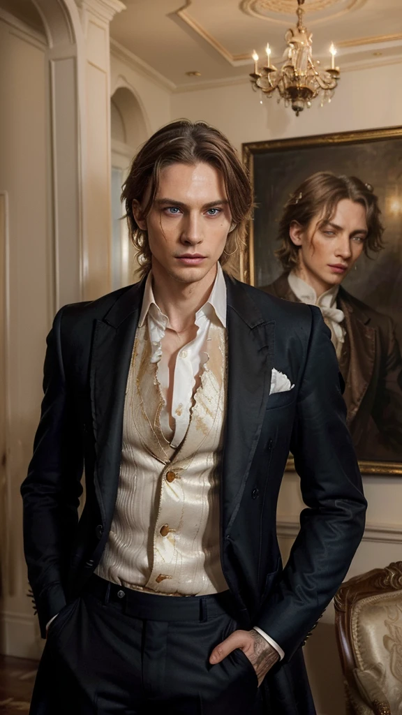 (long shot) (a large, artfully framed painting by Dorian Gray hanging on the wall of a spacious room. The painting shows him in a rotten state: his hair is dull and stringy, blue eyes sunken and surrounded by deep, dark eye sockets . The symmetrical face with the high cheekbones is marked by decay; lips are cracked and bloodless. He wears a worn, tailored dark suit and the fine white shirt, his look is full of fear and desperation ::(The same Dorian Gray stands in front of the painting. He has shoulder-length, thick, shiny golden blonde hair, bright blue eyes, flawless pale skin, a symmetrical face with high cheekbones, a strong jaw, a straight nose and full rose (He wears a tailored dark suit, a fine white shirt and subtle jewelry. ) In the background of the room, opulent furniture, heavy curtains and antique decorations can be seen, adding to the luxurious atmosphere. -- ar 9:16 , -- Chaos 100