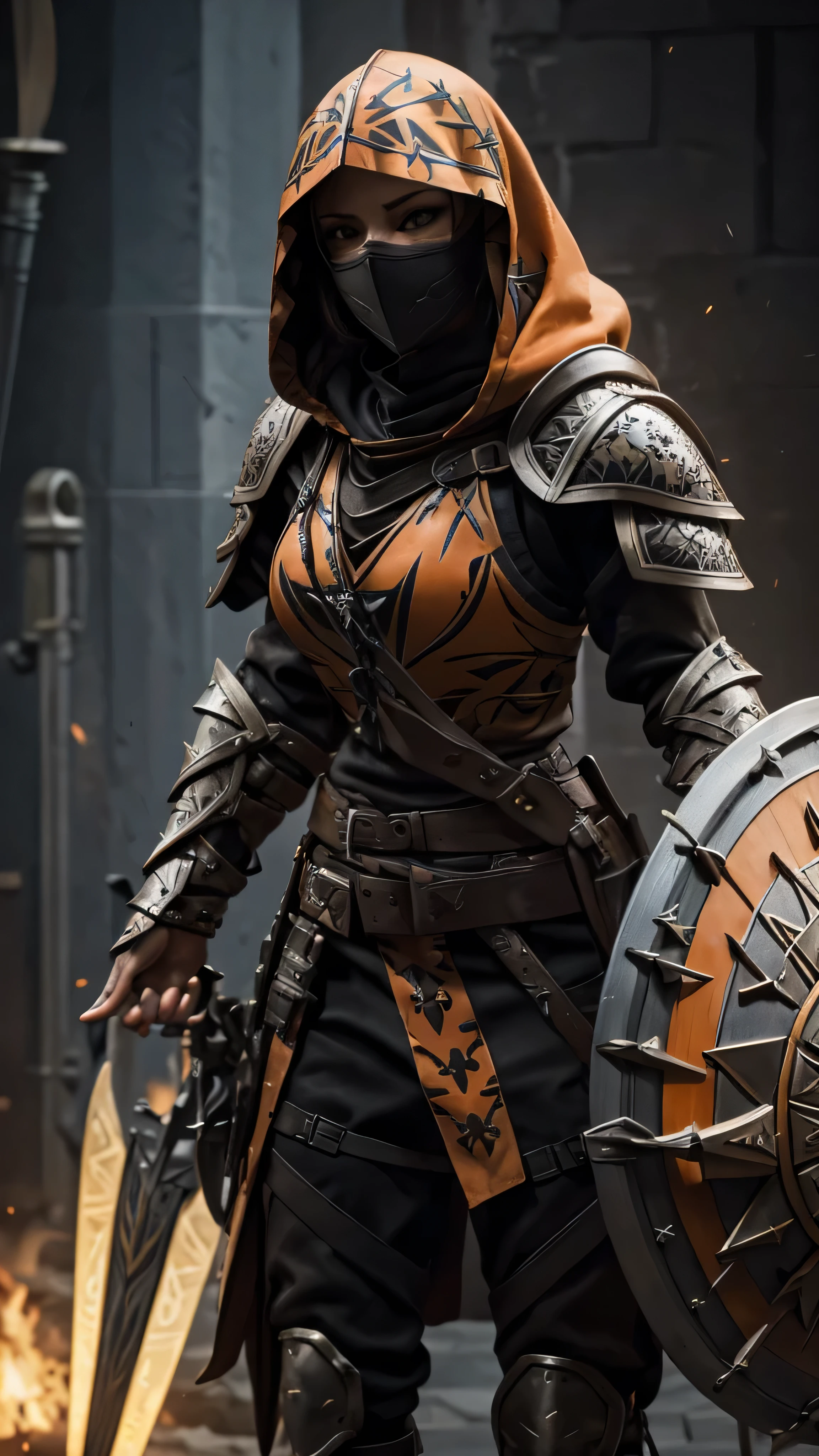 warrior, female, brown hair, hood, mask, dark gray (armor), plates, orange patterns, (crossbow), (big shield), (masterpiece, best quality), (hyper realistic:1.6), ((detailed face)), ((award-winning)), (sharp), (8k resolution), (cinematic lighting)