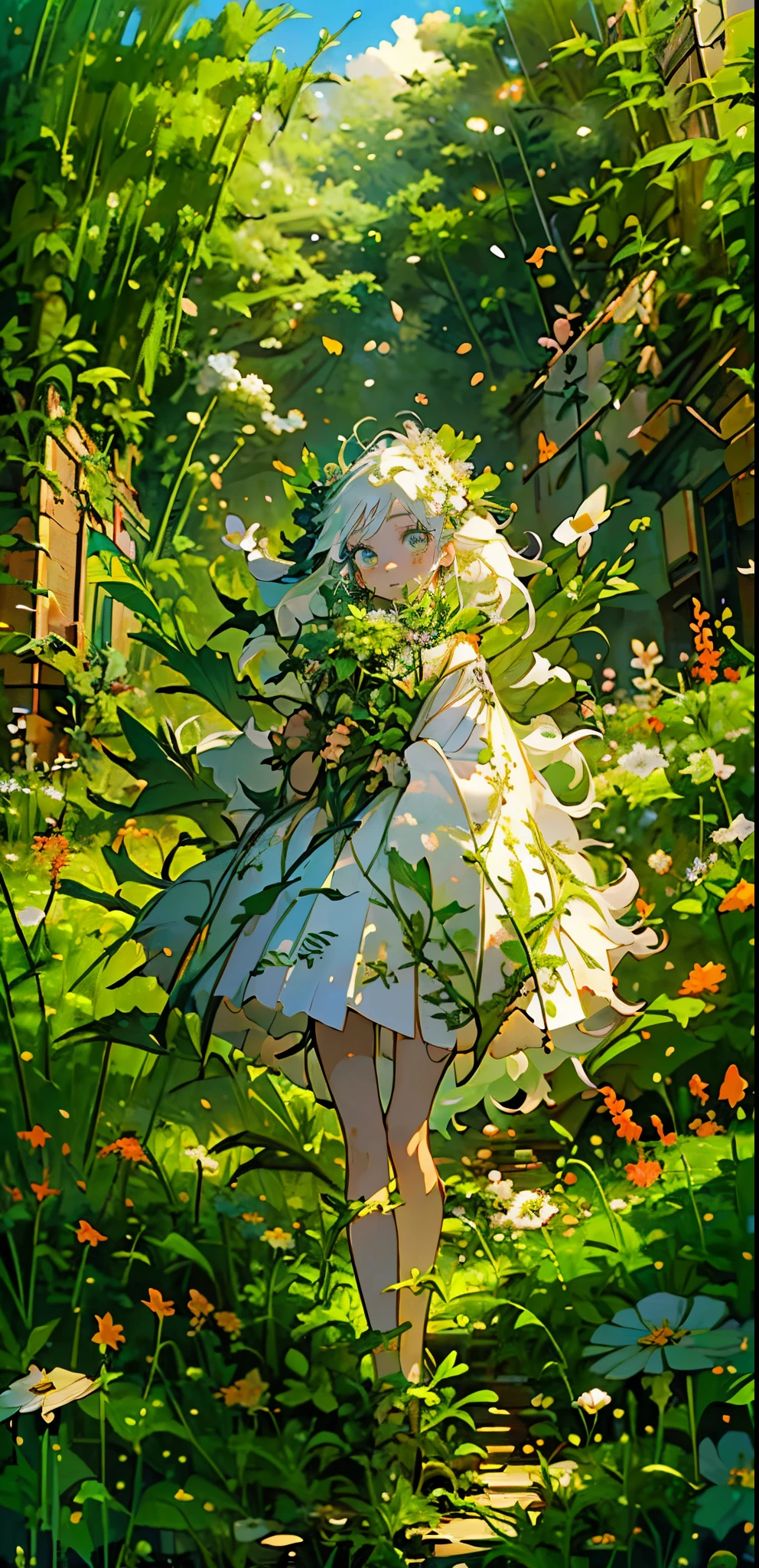 (Mastepiece), (Best Quality), Very detailed, 1 girl, (Solo full body shot:1.4), Perfect Face, beautiful girl, Very detailedな顔，(Long white hair:1.5)，(Green Eyes:1.4)，(Lots of butterflies々:1.2)、(Abandoned City、Plants、Flower Field:1.4)、(Lots of petals:1.3)、Fairy、mysterious、Fantasy、beautiful、beautiful