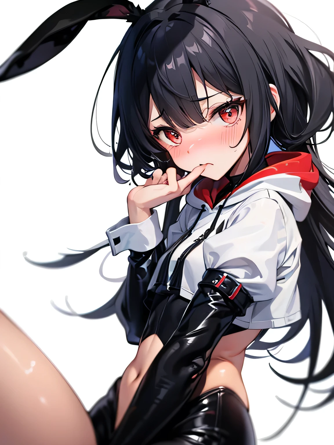 Boyish girl, messy hair, teary eyes, short, skinny, tanned, black bunny suit, rabbit ears, bulge, embarrassed face, hands over mouth, red cheeks, shy, legs spread, hoodie, light clothing, front view, white background, highest quality, highest resolution