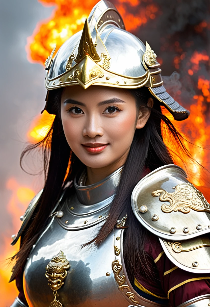 Close-up of an immortal female warrior in Vietnamese mythology, 18 years old, decorated with pearls, majestic and majestic, bright eyes, long hair, extremely beautiful, shiny iron armor, fierce iron helmet, weapon is a tightly rolled bundle of ivory bamboo, invincible female warrior, ((background of smoke, fire, lightning)), ((blood stains on armor, helmet)).
The eyes are filled with hatred and the power to destroy enemies. Behind are traces of blood and violence. The sky is filled with swirling, fiery clouds. The photo conveys a strong sense of the appearance of a warrior, ((smiling))