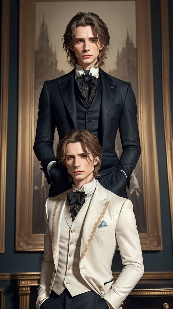 (long shot) (a large, artfully framed painting by Dorian Gray hanging on the wall of a spacious room. The painting shows him in a rotten state: his hair is dull and stringy, blue eyes sunken and surrounded by deep, dark eye sockets . The symmetrical face with the high cheekbones is marked by decay; lips are cracked and bloodless. He wears a worn, tailored dark suit and the fine white shirt, his look is full of fear and desperation ::(The same Dorian Gray stands in front of the painting. He has shoulder-length, thick, shiny golden blonde hair, bright blue eyes, flawless pale skin, a symmetrical face with high cheekbones, a strong jaw, a straight nose and full rose (He wears a tailored dark suit, a fine white shirt and subtle jewelry. ) In the background of the room, opulent furniture, heavy curtains and antique decorations can be seen, adding to the luxurious atmosphere. -- ar 9:16 , -- Chaos 100
