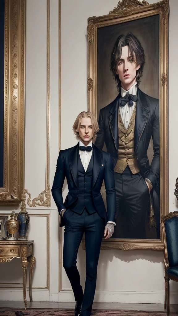 (long shot) (a large, artfully framed painting by Dorian Gray hanging on the wall of a spacious room. The painting shows him in a rotten state: his hair is dull and stringy, blue eyes sunken and surrounded by deep, dark eye sockets . The symmetrical face with the high cheekbones is marked by decay; lips are cracked and bloodless. He wears a worn, tailored dark suit and the fine white shirt, his look is full of fear and desperation ::(The same Dorian Gray stands in front of the painting. He has shoulder-length, thick, shiny golden blonde hair, bright blue eyes, flawless pale skin, a symmetrical face with high cheekbones, a strong jaw, a straight nose and full rose (He wears a tailored dark suit, a fine white shirt and subtle jewelry. ) In the background of the room, opulent furniture, heavy curtains and antique decorations can be seen, adding to the luxurious atmosphere. -- ar 9:16 , -- Chaos 100