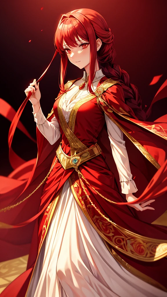 noble lady, red hair, red eyes, expressionless, looking to the side, high quality, 4k, royal background, royal atmosphere, anime style,royal dress