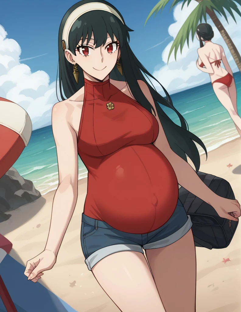 score_9, score_8_up, score_7_up, source_anime,
yorbriar, yor briar, black hair, red eyes, earrings, white hairband, hairband, long hair, sidelocks,
bare shoulders, red bikini, shorts, thighs,
Beach, smile,
looking at viewer, dutch angle, cowboy shot, pregnant, huge belly