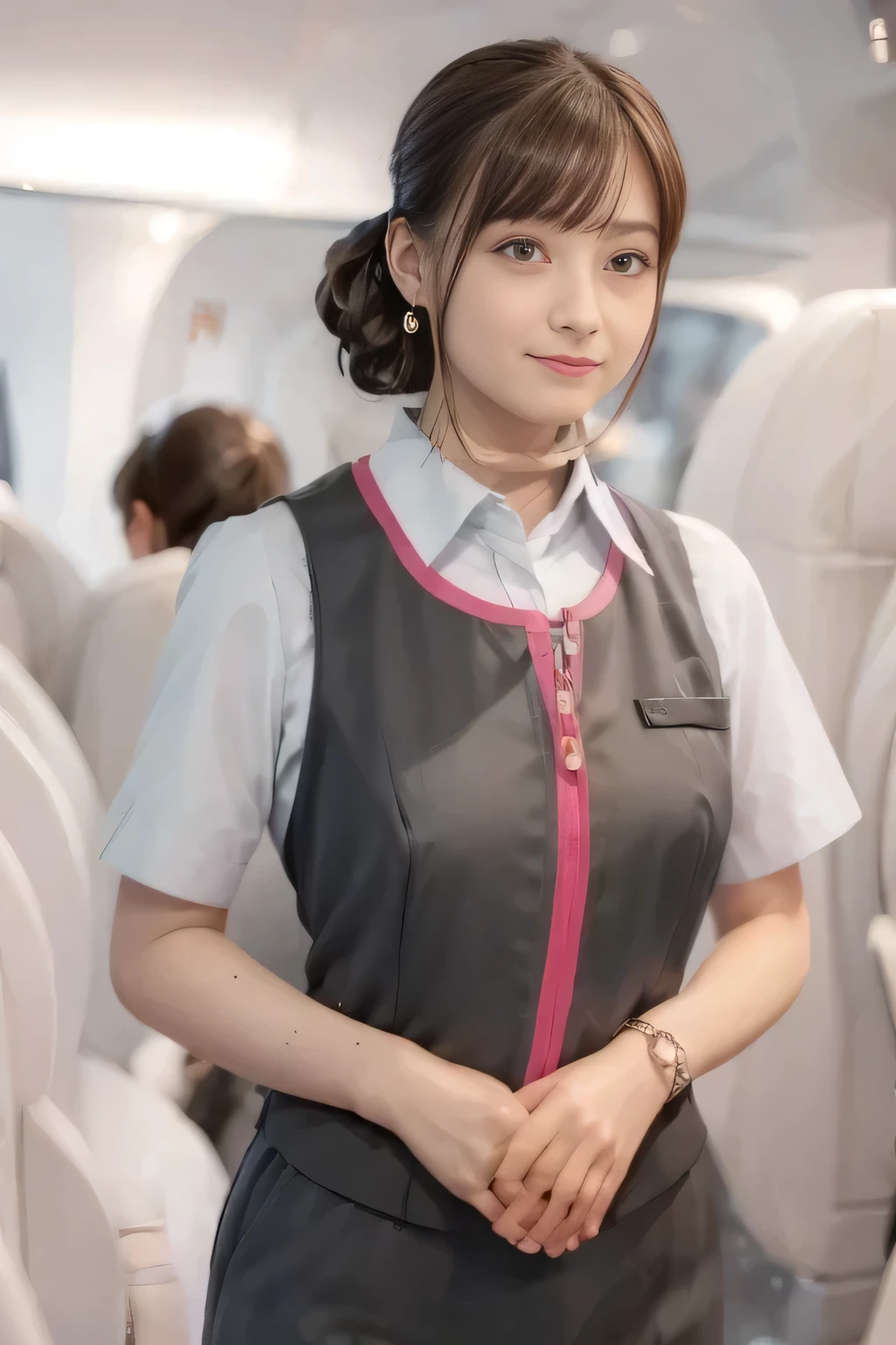 (masterpiece:1.2, Highest quality:1.2), 32k HDR, High resolution, (alone、1 girl)、(On the roof of a building、Professional Lighting)、daytime background、(Realistic style of JR Gran Class crew uniform)、Short sleeve blouse、a scarf around the neck、(JR Gran Class flight attendant uniform with pink parts on the skirt sleeves)、(The uniform of the flight attendants of JR Gran Class has a pink line on the front zipper of the vest.)、There are no pink lines on the uniform skirts of flight attendants in JR Gran Class、Dark brown hair、(Hair tied up、Chignon)、Dark brown hair、Long Shot、Big Breasts、((Great hands:2.0)),((Harmonious body proportions:1.5)),((Normal limbs:2.0)),((Normal finger:2.0)),((Delicate eyes:2.0)),((Normal eyes:2.0)))、Luxury earrings、smile、Beautiful standing posture,