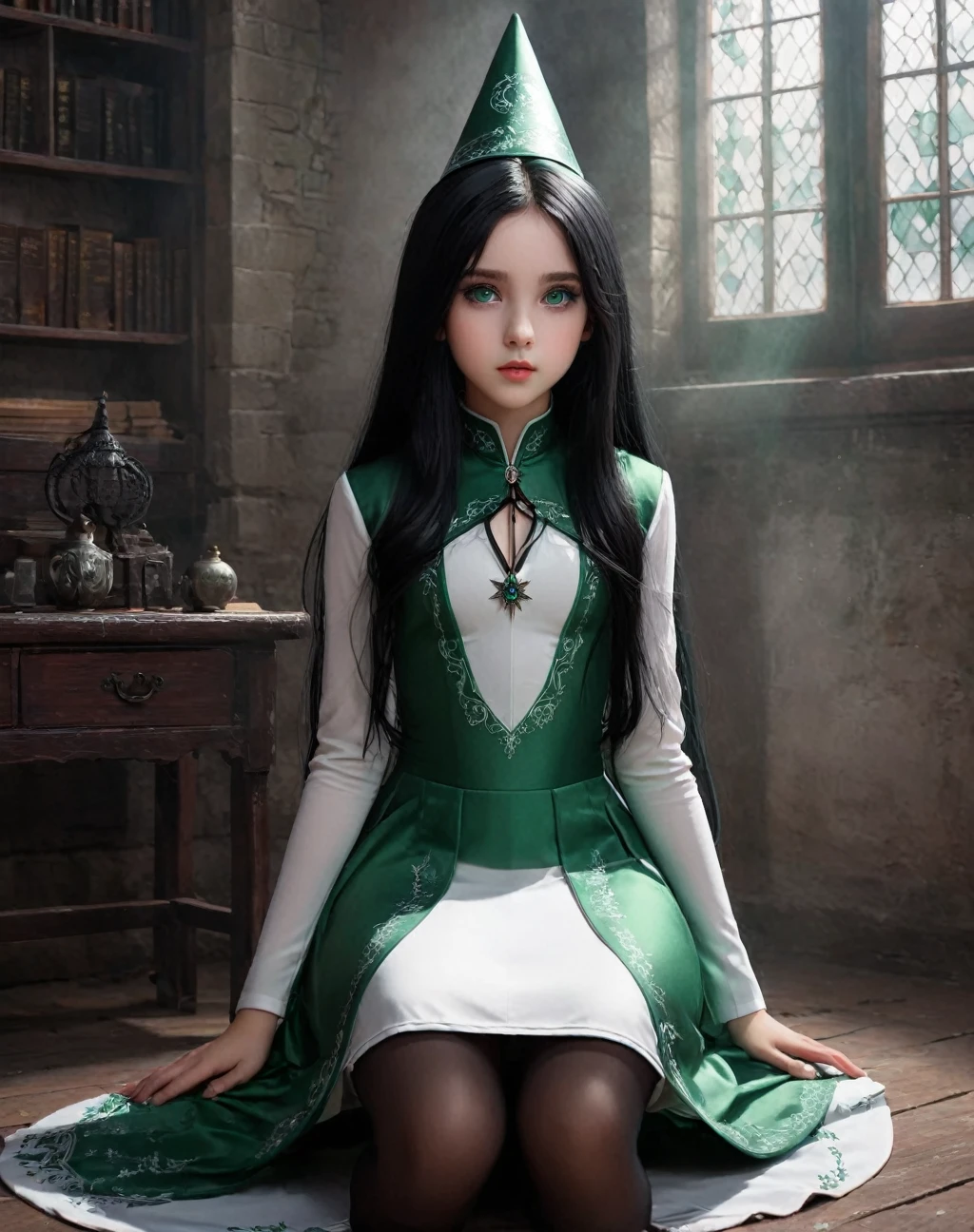 eautiful illustration of  daughter of severus snape, with long black hair and green eyes ,1 girl, become a, masterpiece, , goddess,White witch hat,sit，Black and silver porcelain sexy cheongsam
