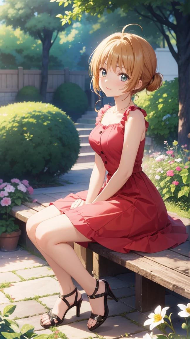 masterpiece, best quality, highres, 1girl, detailed face, blush, anime CG style, (medium breasts), (18 year old girl:1.3), (aged up), good lighting, perfect body, sakura kinomoto, glossy lips, looking at viewer, garden, dress, sitting, heels