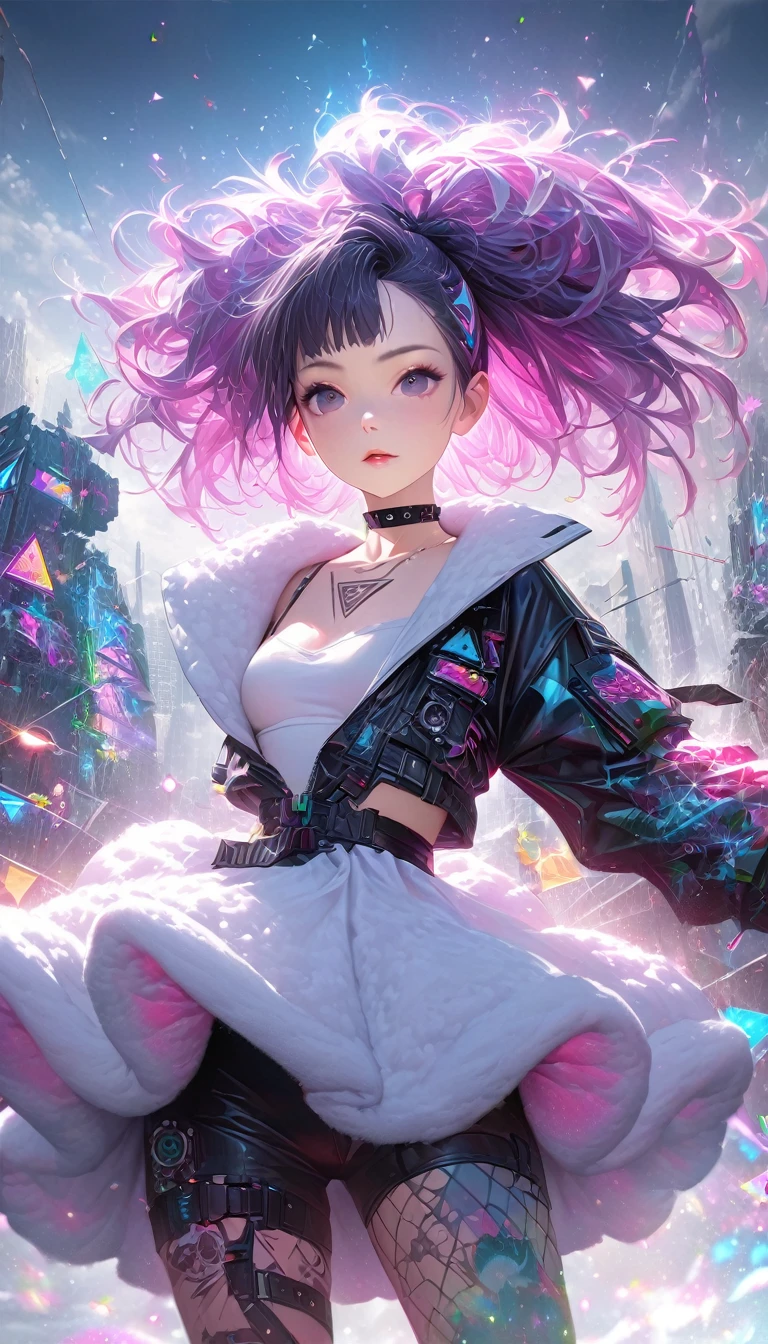 seamless image fusion, cute woman, amorous and lewd face, make-up, wearing cute fluffy dress suits, choker, covered in tattoos, great proportion, background stone-punk, fire-punk, water-punk, triangular kaleidoscope ruins cityscape, analyzers, labs, shading effects, gradation magic effects, foggy filter effects, glitter effects, (ultra detailed, absolutely resolution, best quality:1.3), 2.5D, delicate and dynamic, artistic photography, hyper realistic, graphic CG digital art