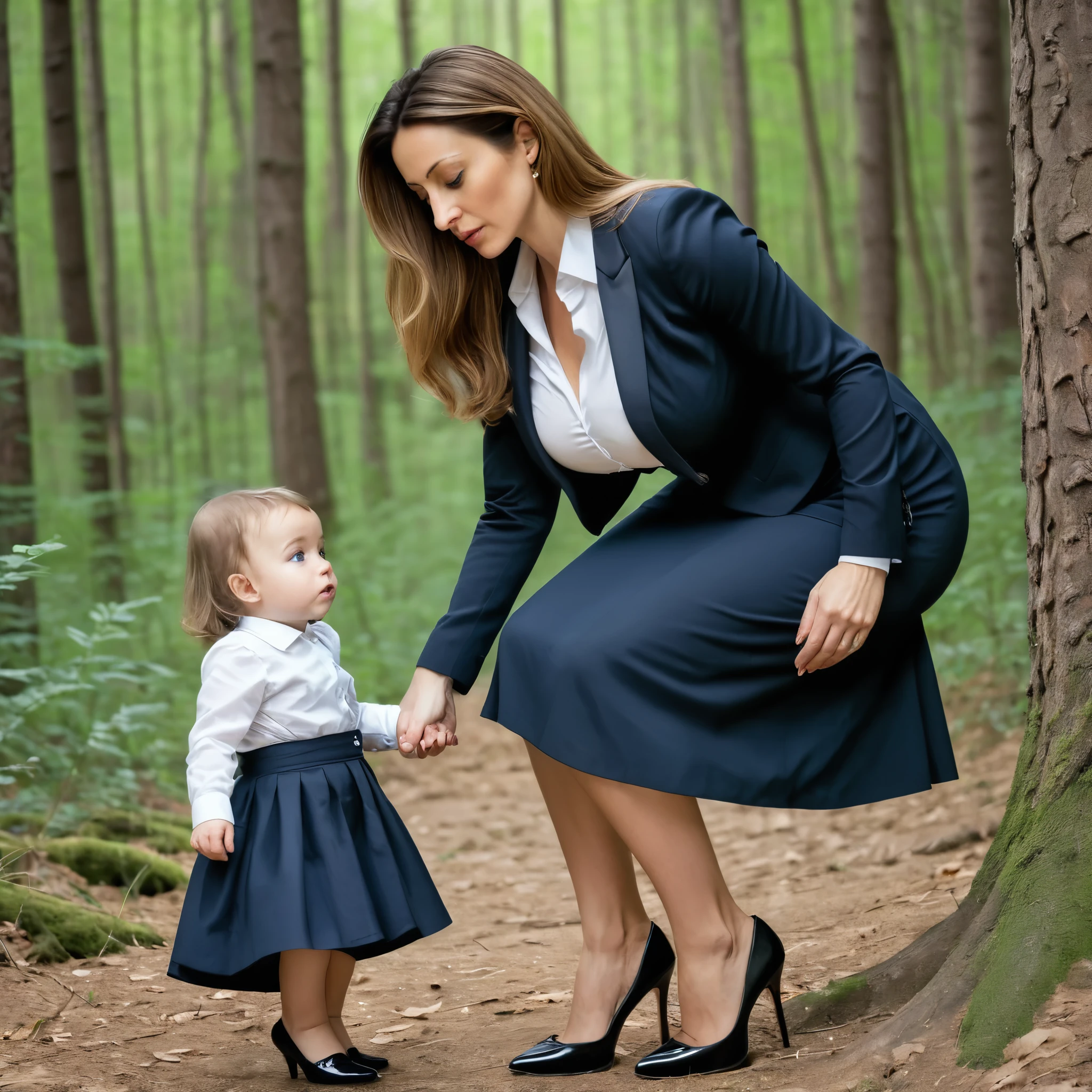 fine art portrait of a very elegant 35yo European woman, ((bending down to her child)), in the forest, highest quality, sexy face high resolution, Eleonora Pavinat 35 years old woman, business blouse, no cleavage, business blazer, very long business skirt, high heels, medium belly, woman with ((extremely heavy hanging breasts)), ((gigantic oversized breasts,)) very low hanging breasts, very slim waist, wide hips