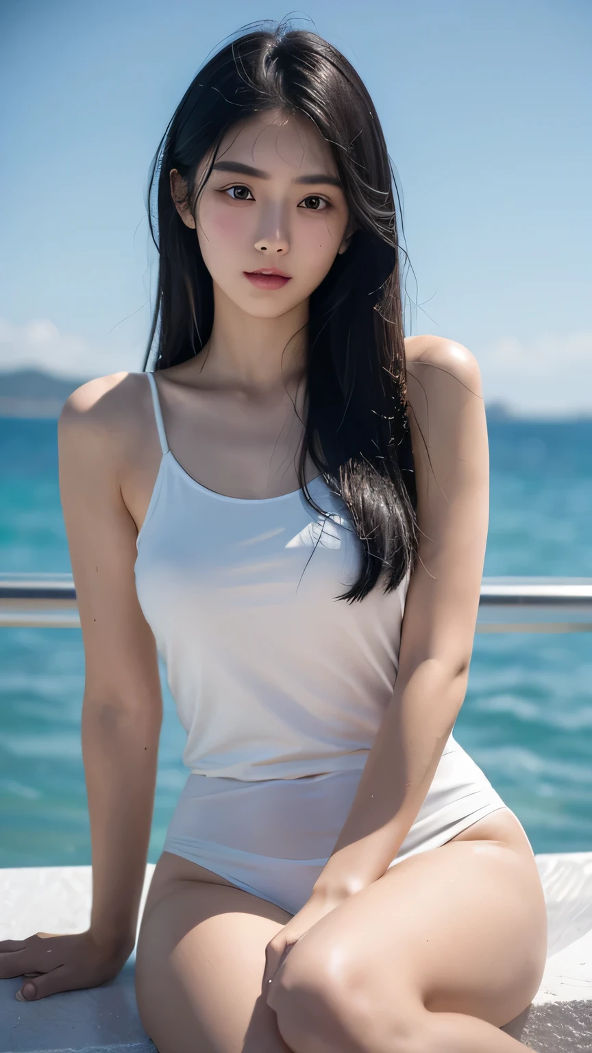 18-year-old woman，Melon seed face，Exquisite facial features，Oval face，Long black hair，White skin，Detailed background，Rich details，panoramic，masterpiece，，Best picture quality，Ambient Lighting，She was wearing a wet white tank top and a white，Milk developed，Wide neckline，Fair skin，Her hair is black，And it looks like it just came out of swimming or playing in the water.。A vast expanse of water and sky can be seen in the background，giving people a sense of tranquility and relaxation。