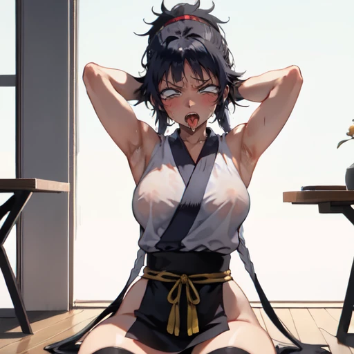 1girl, (ahegao),(muscle1.4), (masterpiece:1.3), (high resolution), (8K), (extremely detailed), (4k), (pixiv), perfect face, nice eyes and face, (best quality), (super detailed), detailed face and eyes, (solo), textured skin, absurdres, highres, wzkomachine, white eyes, Small breasts, sash, bike shorts, short sleeves, bangs, black gloves, fingerless gloves, long hair, black hair,ponytail, japanese clothes, kimono, sitting on floor, looking at viewer,Nipple exposure,Sexy, flirtatious, Solitary, eternity, - Hip vents, No underwear,No eyeballs, Also available in black, low twin braids,Facing the audience, looking at the audience, tired, from below, (Exposed armpit:1.1), ((armpit:1.2)), sexy, Sweating, More and more sweat,(ahegao), (Roll your eyes), Naughty face, blush, open mouth, Sticking out tongue, saliva, Slobber,Skinny, raise arms, (arms above head:1.5)