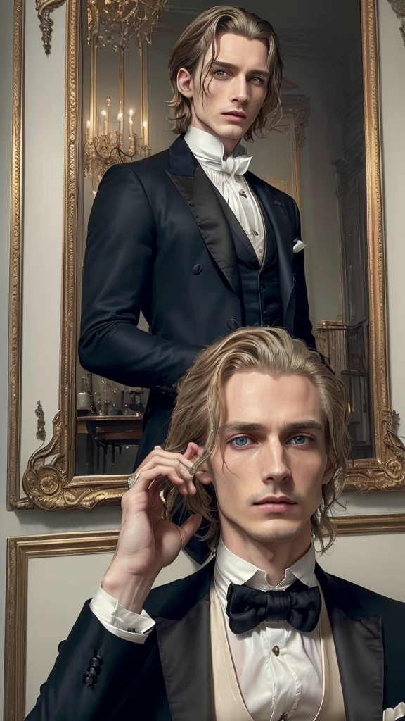 (long shot) (a large, artfully framed painting by a rotten Dorian Gray hanging on the wall of a spacious room. The painting shows him in a rotten state: his hair is dull and stringy, blue eyes sunken and surrounded by deep, dark eye sockets . The symmetrical face with the high cheekbones is marked by decay; lips are cracked and bloodless. He wears a worn, tailored dark suit and the fine white shirt, his look is full of fear and desperation ::(The same Dorian Gray stands in front of the painting. He has shoulder-length, thick, shiny golden blonde hair, bright blue eyes, flawless pale skin, a symmetrical face with high cheekbones, a strong jaw, a straight nose and full rose (He wears a tailored dark suit, a fine white shirt and subtle jewelry. ) In the background of the room, opulent furniture, heavy curtains and antique decorations can be seen, adding to the luxurious atmosphere. -- ar 9:16 , -- Chaos 100