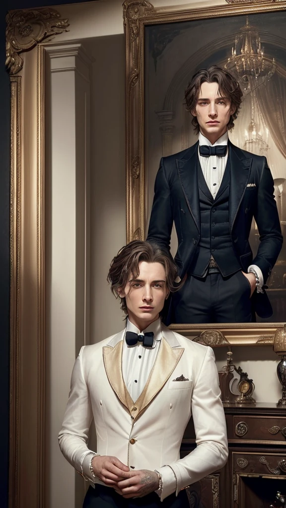 (long shot) (a large, artfully framed painting by a rotten Dorian Gray hanging on the wall of a spacious room. The painting shows him in a rotten state: his hair is dull and stringy, blue eyes sunken and surrounded by deep, dark eye sockets . The symmetrical face with the high cheekbones is marked by decay; lips are cracked and bloodless. He wears a worn, tailored dark suit and the fine white shirt, his look is full of fear and desperation ::(The same Dorian Gray stands in front of the painting. He has shoulder-length, thick, shiny golden blonde hair, bright blue eyes, flawless pale skin, a symmetrical face with high cheekbones, a strong jaw, a straight nose and full rose (He wears a tailored dark suit, a fine white shirt and subtle jewelry. ) In the background of the room, opulent furniture, heavy curtains and antique decorations can be seen, adding to the luxurious atmosphere. -- ar 9:16 , -- Chaos 100