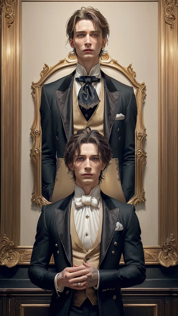 (long shot) (a large, artfully framed painting by a rotten Dorian Gray hanging on the wall of a spacious room. The painting shows him in a rotten state: his hair is dull and stringy, blue eyes sunken and surrounded by deep, dark eye sockets . The symmetrical face with the high cheekbones is marked by decay; lips are cracked and bloodless. He wears a worn, tailored dark suit and the fine white shirt, his look is full of fear and desperation ::(The same Dorian Gray stands in front of the painting. He has shoulder-length, thick, shiny golden blonde hair, bright blue eyes, flawless pale skin, a symmetrical face with high cheekbones, a strong jaw, a straight nose and full rose (He wears a tailored dark suit, a fine white shirt and subtle jewelry. ) In the background of the room, opulent furniture, heavy curtains and antique decorations can be seen, adding to the luxurious atmosphere. -- ar 9:16 , --  Chaos 100

